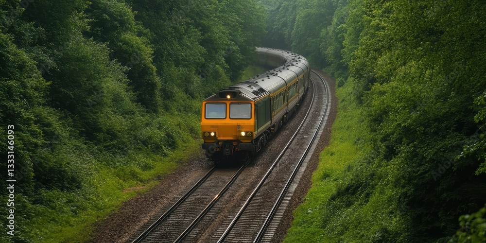 Train on tracks surrounded by trees in a lush wooded area. Train on tracks surrounded by trees in a lush wooded area.