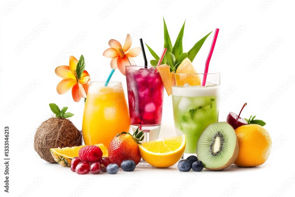 a variety of fruit and drinks cutout for summer beach cocktail club party flyer design isolated on white background