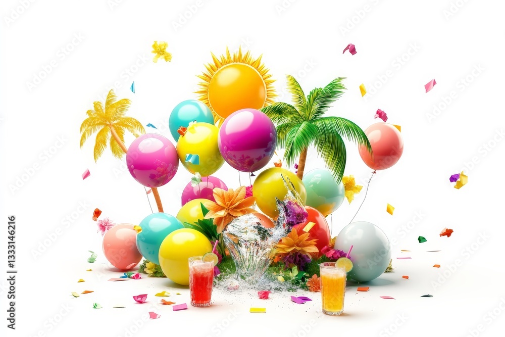 a bunch of balloons and cons cutout for summer beach cocktail club party flyer design isolated on white background