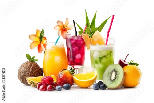 Obraz na płótnie a variety of fruit and drinks cutout for summer beach cocktail club party flyer design isolated on white background w salonie