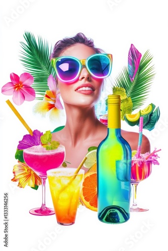 a woman in sunglasses and a cocktail with tropical flowers cutout for summer beach cocktail club party flyer design isolated on white background