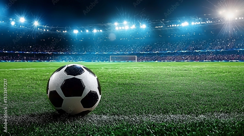 Fototapeta premium Dynamic depiction of a soccer field in a stadium environment.