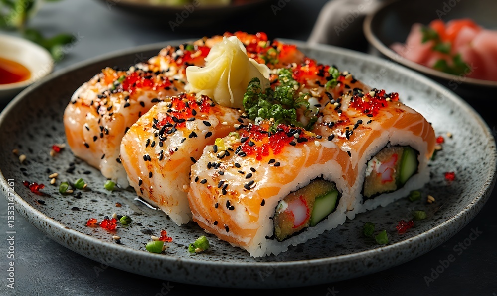 Salmon Sushi Rolls with Black Sesame and Red Caviar on a Gray Plate Salmon Sushi Rolls with Black Sesame and Red Caviar on a Gray Plate