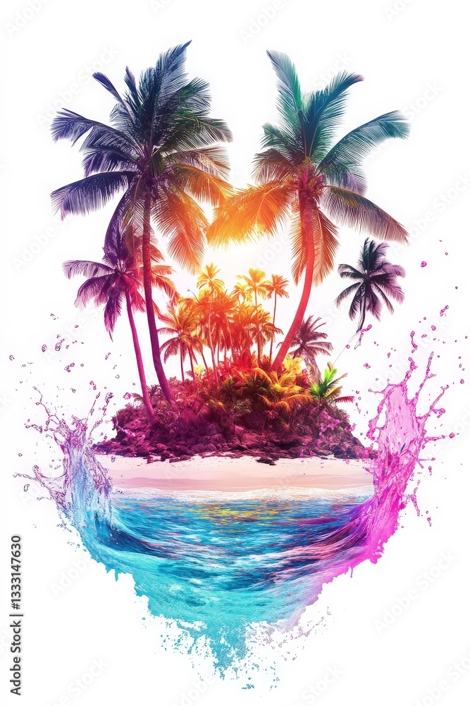tropical island with palm trees and watercolor splashs cutout for summer beach cocktail club party flyer design isolated on white background