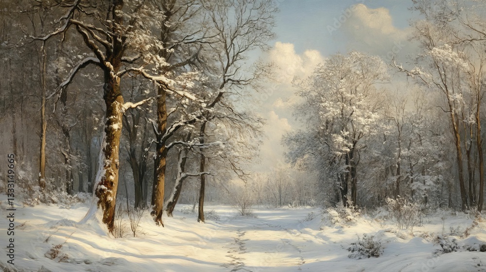 Obraz premium Snowy forest path leads to brighter distance.