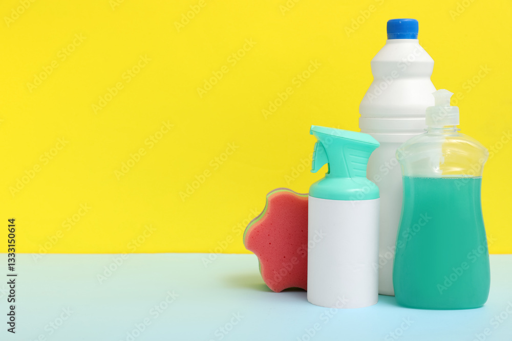 Bottles of detergent with sponge on color background Bottles of detergent with sponge on color background