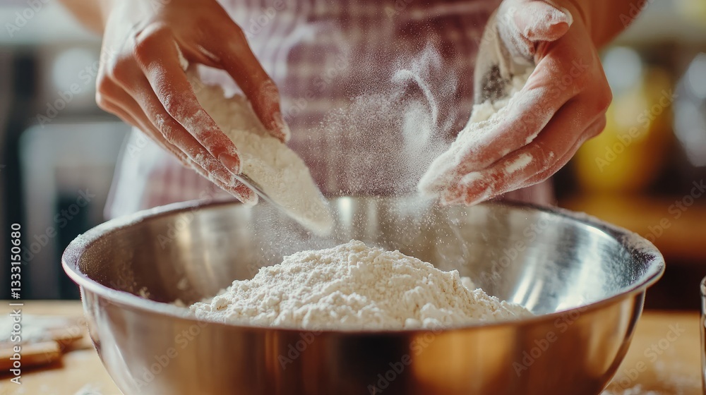 Fototapeta premium All-purpose flour and baking powder being sifted into a mixing bowl.