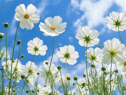 Bright White Flowers Against a Clear Blue Sky with Soft Clouds and Lush Green Grass Creating a Serene and Tranquil Outdoor Atmosphere