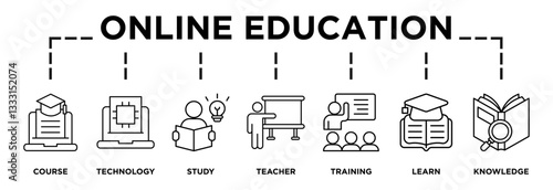 Online education banner web icon vector illustration concept with icon of course, technology, study, teacher, training, learn and knowledge