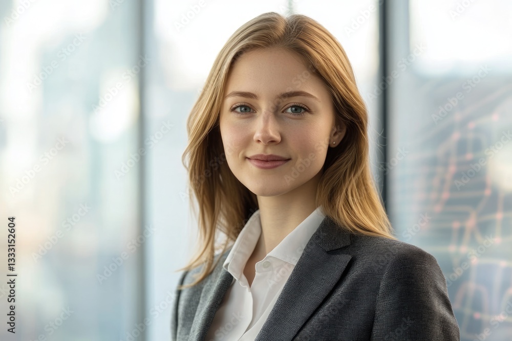 Confident young businesswoman with blonde hair, wearing a grey blazer and white shirt, smiles warmly. Confident young businesswoman with blonde hair, wearing a grey blazer and white shirt, smiles warmly.