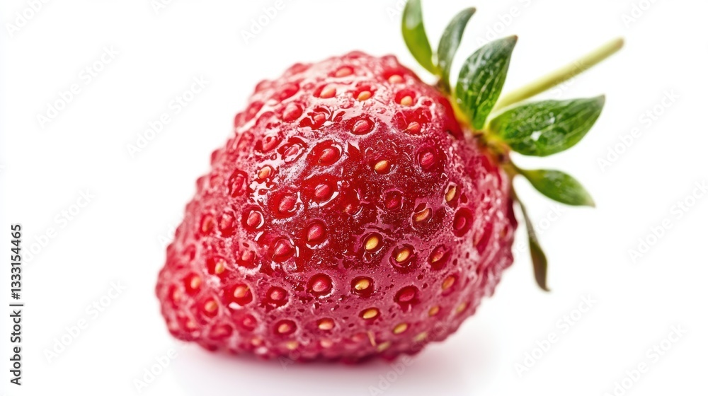 Fresh strawberry with vibrant green leaves against a clean white background. Fresh strawberry with vibrant green leaves against a clean white background.