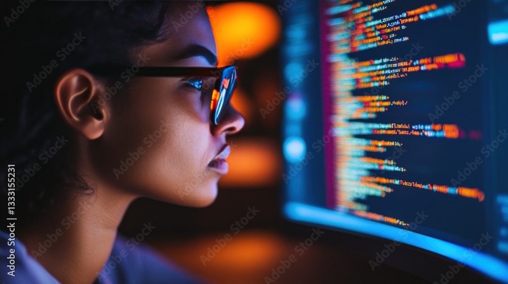 Focused young woman intensely studying computer code Focused young woman intensely studying computer code