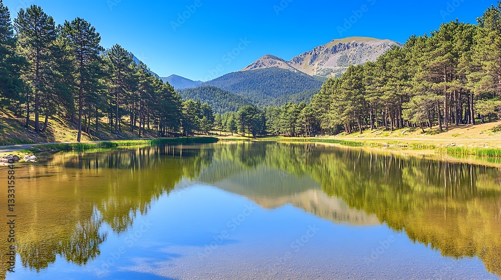 Serene Mountain Lake Reflection with Lush Green Pine Trees under a Bright Blue Sky Serene Mountain Lake Reflection with Lush Green Pine Trees under a Bright Blue Sky