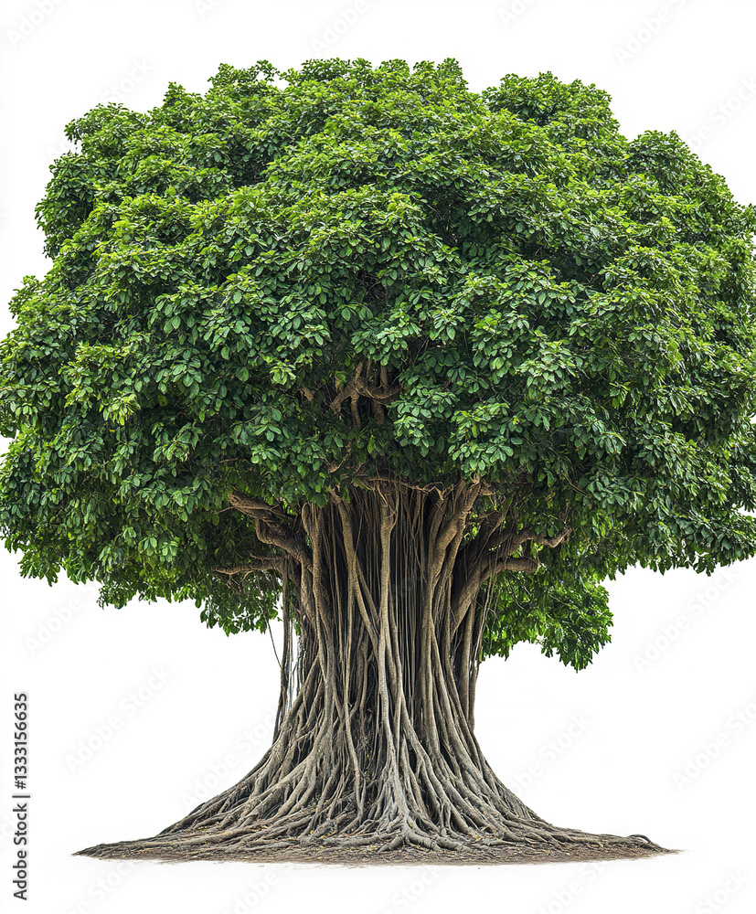 Fototapeta premium sprawling banyan tree with aerial roots and lush green canopy