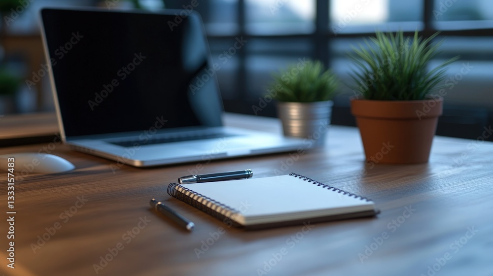 Fototapeta premium Modern workspace with laptop, notebook, and plants