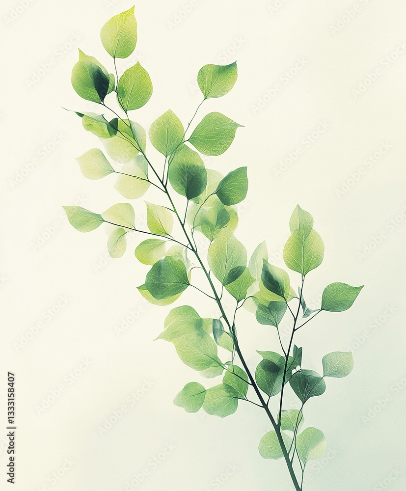 Obraz premium Delicate branch with vibrant green leaves on light background