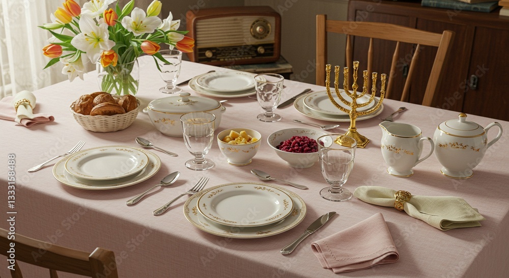 Elegant Pink Table Setting with Gold Trimmed Porcelain Floral Arrangement and Menorah Elegant Pink Table Setting with Gold Trimmed Porcelain Floral Arrangement and Menorah