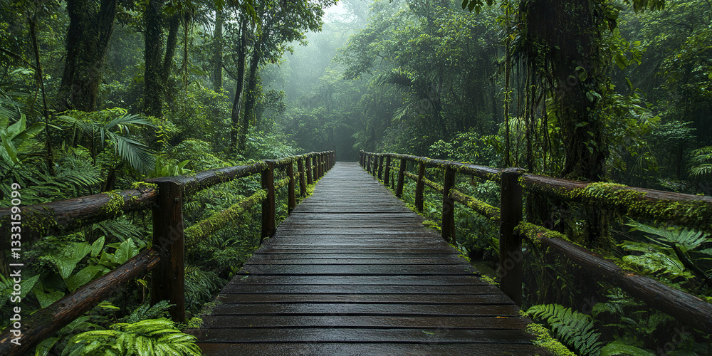 Obraz premium wooden bridge covered in moss leads through lush tropical rainforest