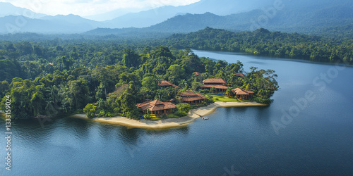Aerial view of tropical rainforest island with lush greenery and calm water