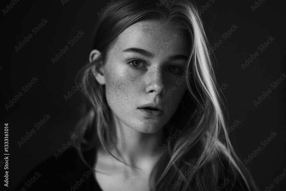 Thoughtful Young Woman with Freckles in a Monochrome Portrait Thoughtful Young Woman with Freckles in a Monochrome Portrait