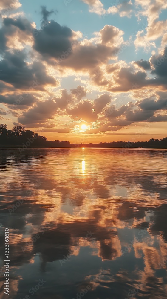 Naklejka premium Sunset Reflecting Over Still Water, Cloudy Sky