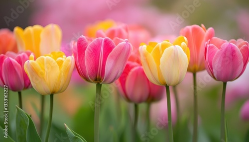 Vibrant tulips bloom in a colorful field of pink, yellow, and red flowers.