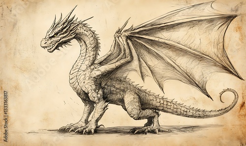 A detailed sketch depicting a powerful dragon creature standing tall