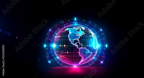 Wallpaper Mural A glowing globe with a digital network grid surrounds it against a dark backdrop.  Bright neon lights highlight the continents and network connections. Torontodigital.ca