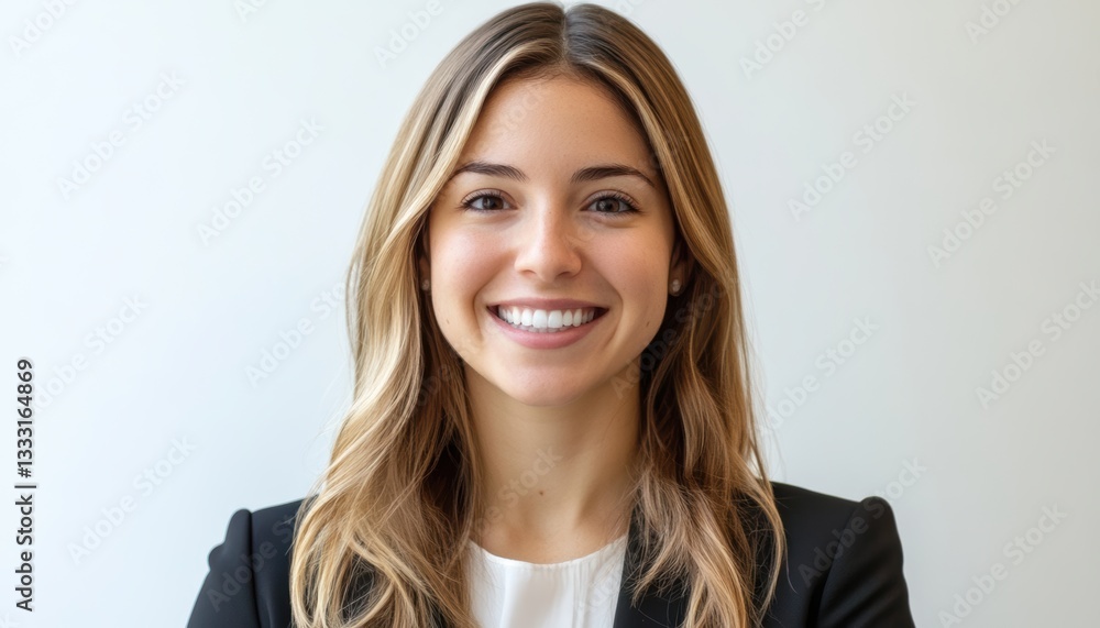Smiling woman wears a black jacket and white shirt, showcasing her long hair. Smiling woman wears a black jacket and white shirt, showcasing her long hair.