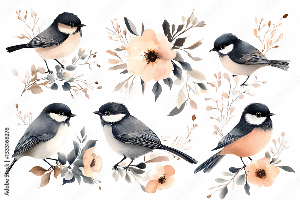Obraz premium Ornithological Harmony: Watercolor illustration of charming birds in a serene ambiance with floral embellishments, perfect for conveying nature's charm.