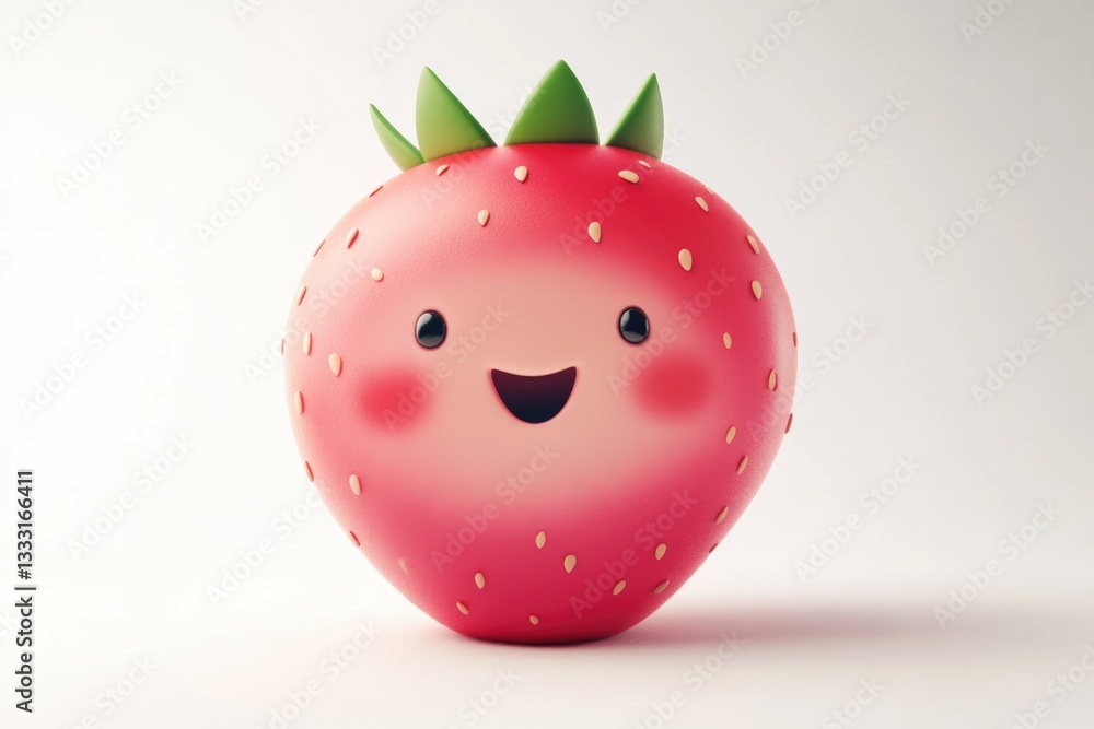 Obraz premium A happy cartoon strawberry with a smiling face and green leaves on top.