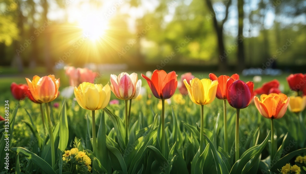 Vibrant tulips bloom in a lush green field under the warm sun filtering through trees. Vibrant tulips bloom in a lush green field under the warm sun filtering through trees.