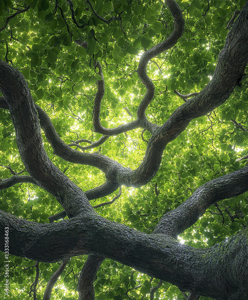 Naklejka premium Twisting branches of lush green tree create vibrant canopy