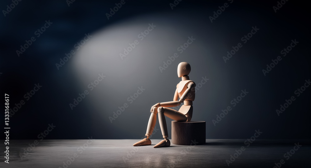 Wooden figure seated on a block, bathed in a bright spotlight against a dark, shadowy backdrop. Simple and evocative studio scene. Wooden figure seated on a block, bathed in a bright spotlight against a dark, shadowy backdrop. Simple and evocative studio scene.