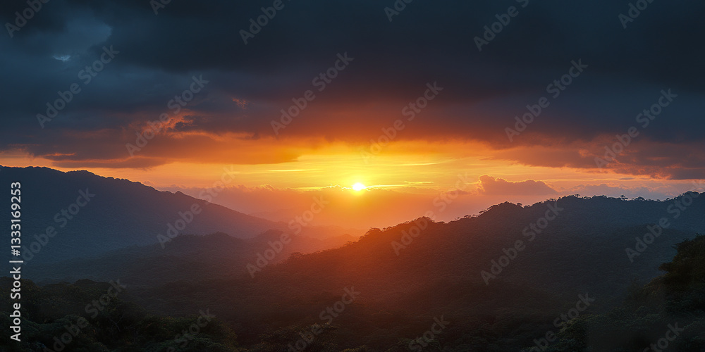 Sunset over lush mountains with dramatic clouds Sunset over lush mountains with dramatic clouds