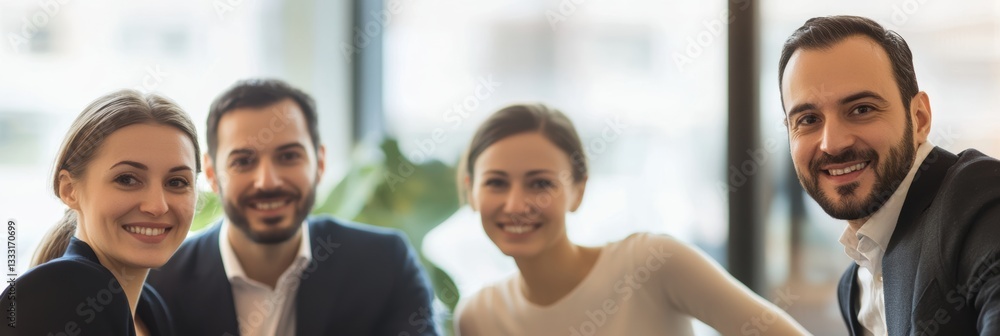 Obraz premium Happy business team gathered around a table with a plant in the background.