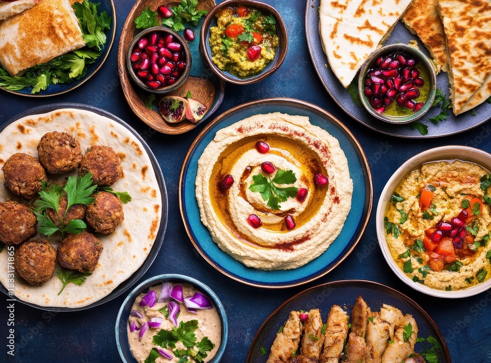 Colorful Spread of Middle Eastern Dishes Featuring Fresh Ingredients, Sauces, Flatbreads, and Savory Meatballs on a Vibrant Table Setting Colorful Spread of Middle Eastern Dishes Featuring Fresh Ingredients, Sauces, Flatbreads, and Savory Meatballs on a Vibrant Table Setting