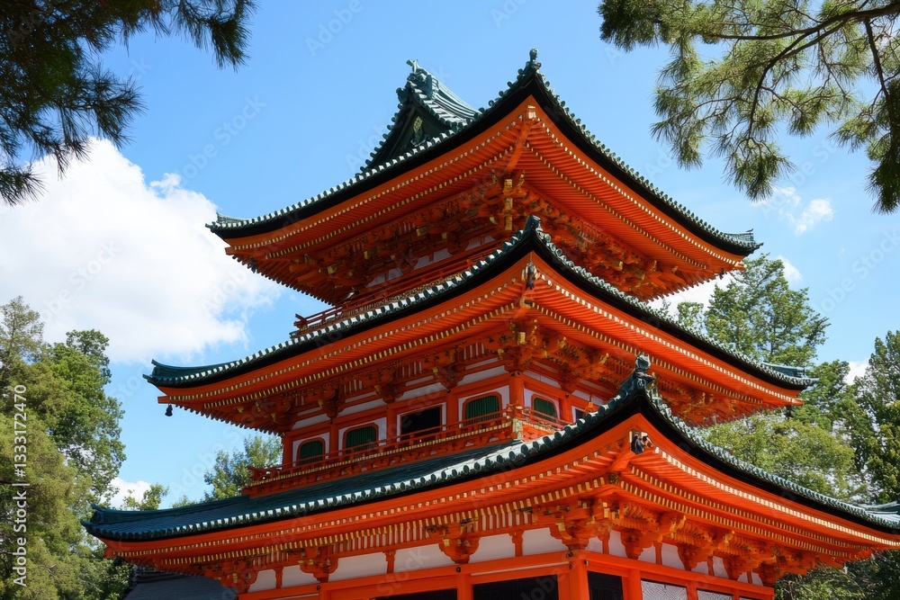 A tall pagoda features a striking red roof and a vibrant green roof. A tall pagoda features a striking red roof and a vibrant green roof.