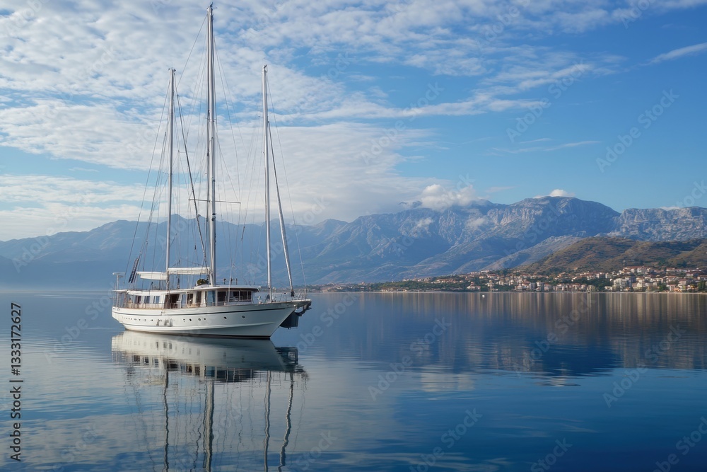 Arafed sailboat glides on calm water with majestic mountains in the background. Arafed sailboat glides on calm water with majestic mountains in the background.