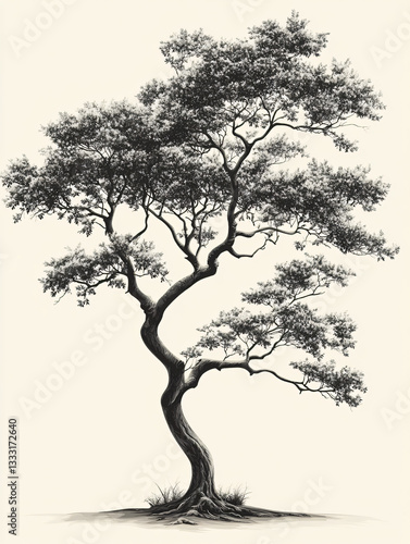 Black fig tree silhouette isolated white background detailed botanical artwork elegant foliage nature aesthetic fine line drawing minimalist landscape organic forest scene refined illustration sketch