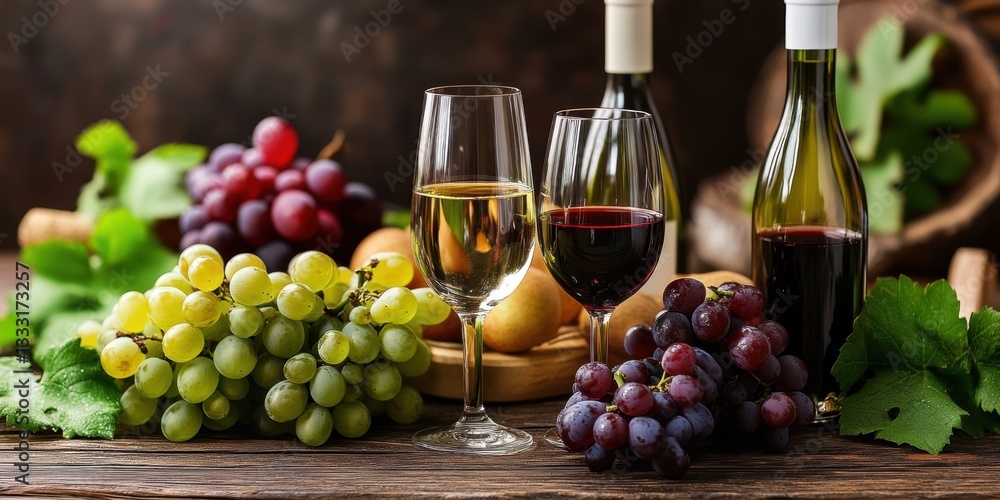 Obraz premium Wine bottles and glasses surrounded by fresh grapes create an inviting atmosphere.