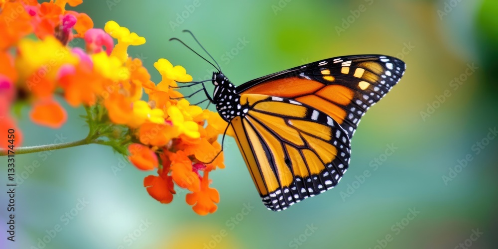 Obraz premium A butterfly rests delicately on a vibrant flower in a natural setting.