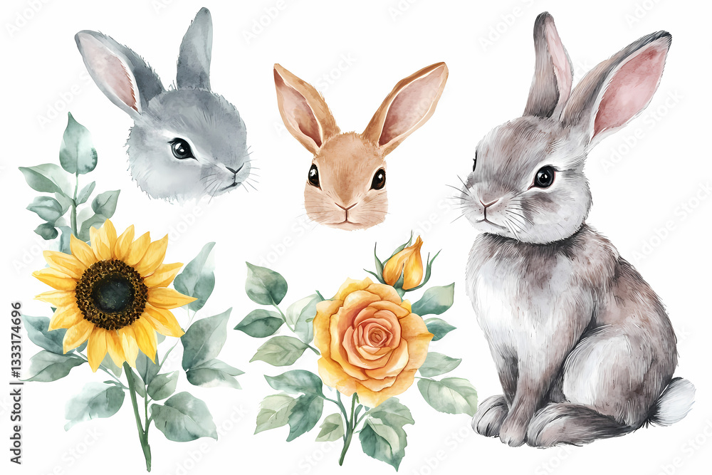 Obraz premium Watercolor Bunnies and Floral: Three adorable bunnies, each with unique poses, are paired with vibrant watercolor flowers. These illustrations capture the innocence and joy of spring.