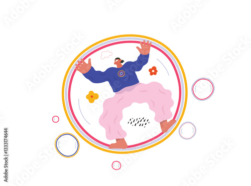 Life Unframed: Bubble -modern flat vector concept illustration of a man flying in the giant bubble. Metaphor of unpredictability, imagination, whimsy, cycle of existence, play, growth and discovery