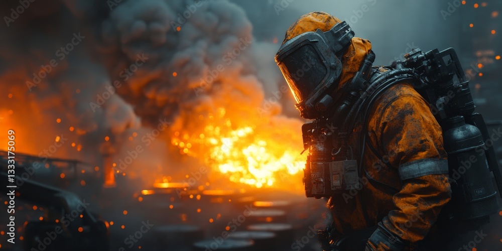 Naklejka premium Firefighter wearing protective gear controlling industrial fire in steel mill