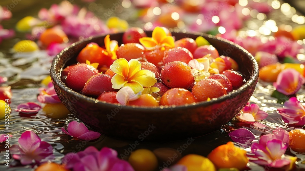 Fresh tropical fruits with water droplets, surrounded by colorful petals, celebrating Thai Songkran Festival's vibrant and festive spirit. Fresh tropical fruits with water droplets, surrounded by colorful petals, celebrating Thai Songkran Festival's vibrant and festive spirit.