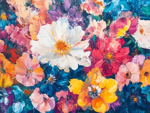 Colorful Floral Painting with Bold Brushstrokes Showcasing Vibrant Flower Arrangement