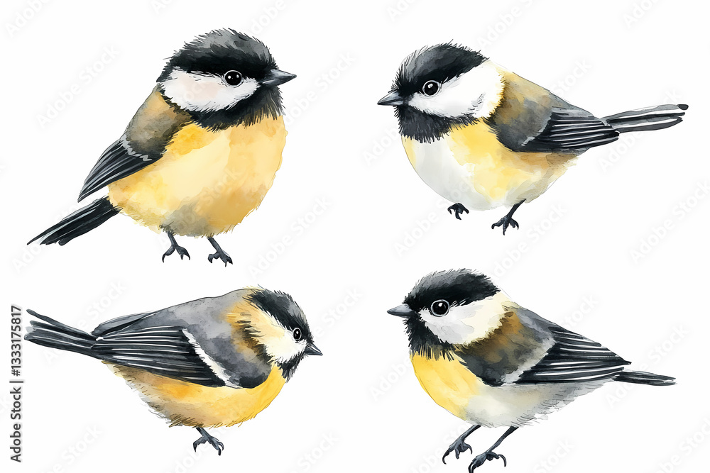Naklejka premium Watercolor Bird Collection: A charming watercolor illustration of a delightful group of small birds, each posed with unique character, perfect for adding a touch of nature-inspired artistry.