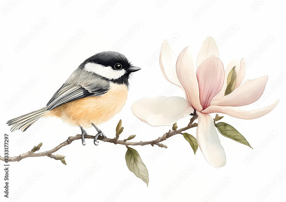 Obraz premium A Delicate Encounter: A charming bird perches delicately on a branch alongside a blooming magnolia flower, presenting a scene of serenity and natural beauty.