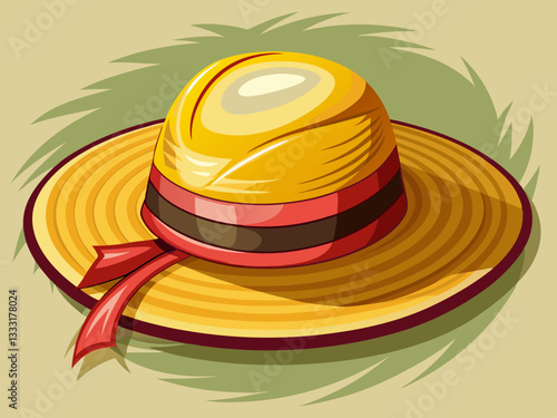 vector of  A straw hat with a wide brim and a brown ribbon around the crown. The hat is made of woven straw and has a slightly rounded crown.